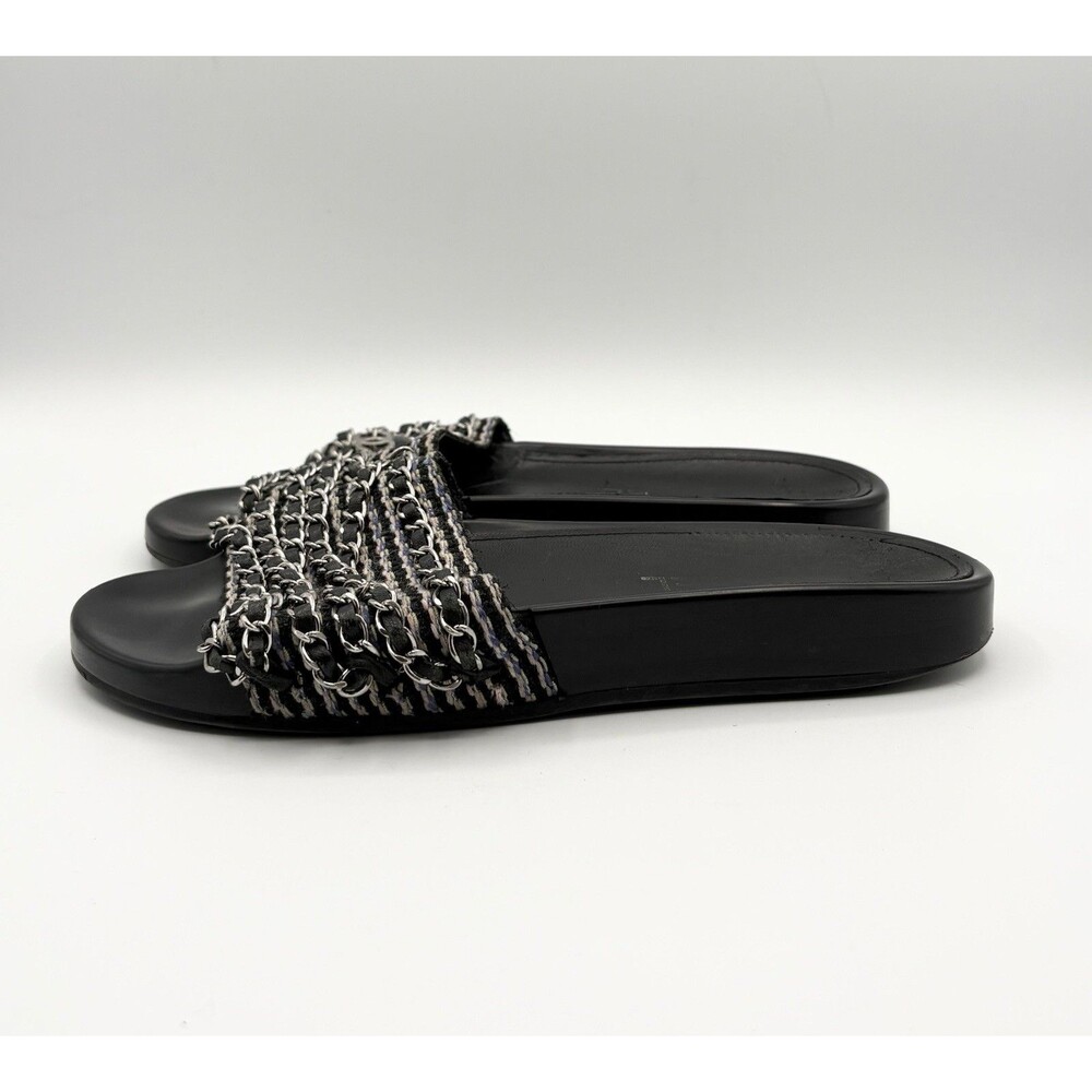 Chanel Black Tweed Tropiconic Chain Flat Slides Sandals Pink & Blue Accent EU 38 - Picture 4 of 11